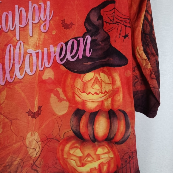 Womans Size Medium Happy Halloween  1/4 Sleeve Orange Pumpkin Tee Fall Spooky - Picture 3 of 6